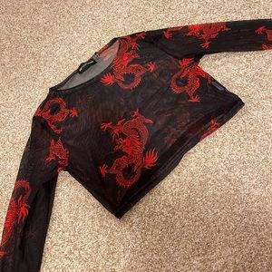 Pretty Little Thing Red Dragon Printed Mesh Long Sleeve Crop Top